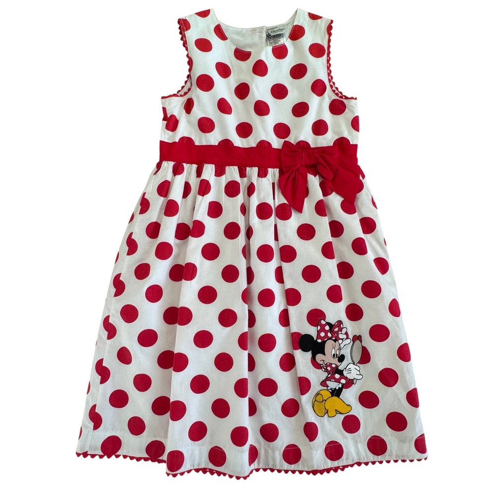 Disney Parks Minnie Mouse Red White Polka Dot Dress Girls Large L Ric Rac Bow